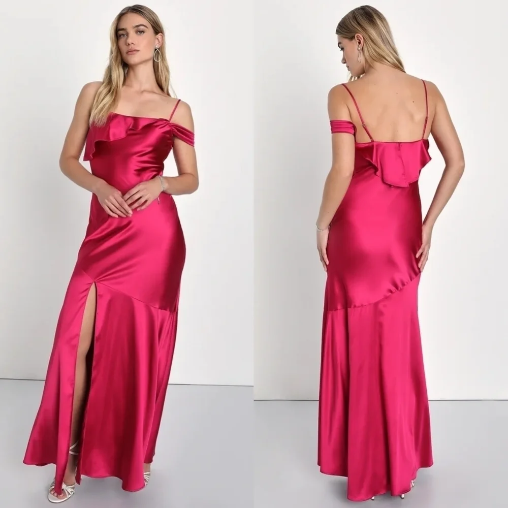 Lulus Enchanting Aesthetic Magenta Satin Asymmetrical Maxi Dress S Wedding Prom
